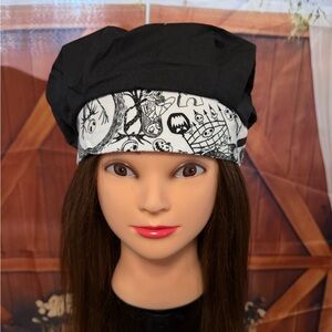 Black Surgical Hat with Black & White Skull Band